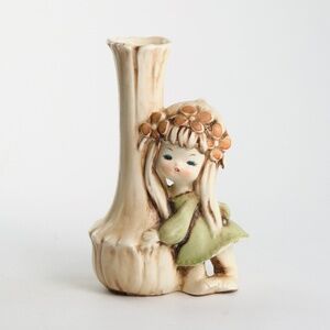 Vintage 1970s Ceramic Flower Girl Tree Hugger Vase Japan